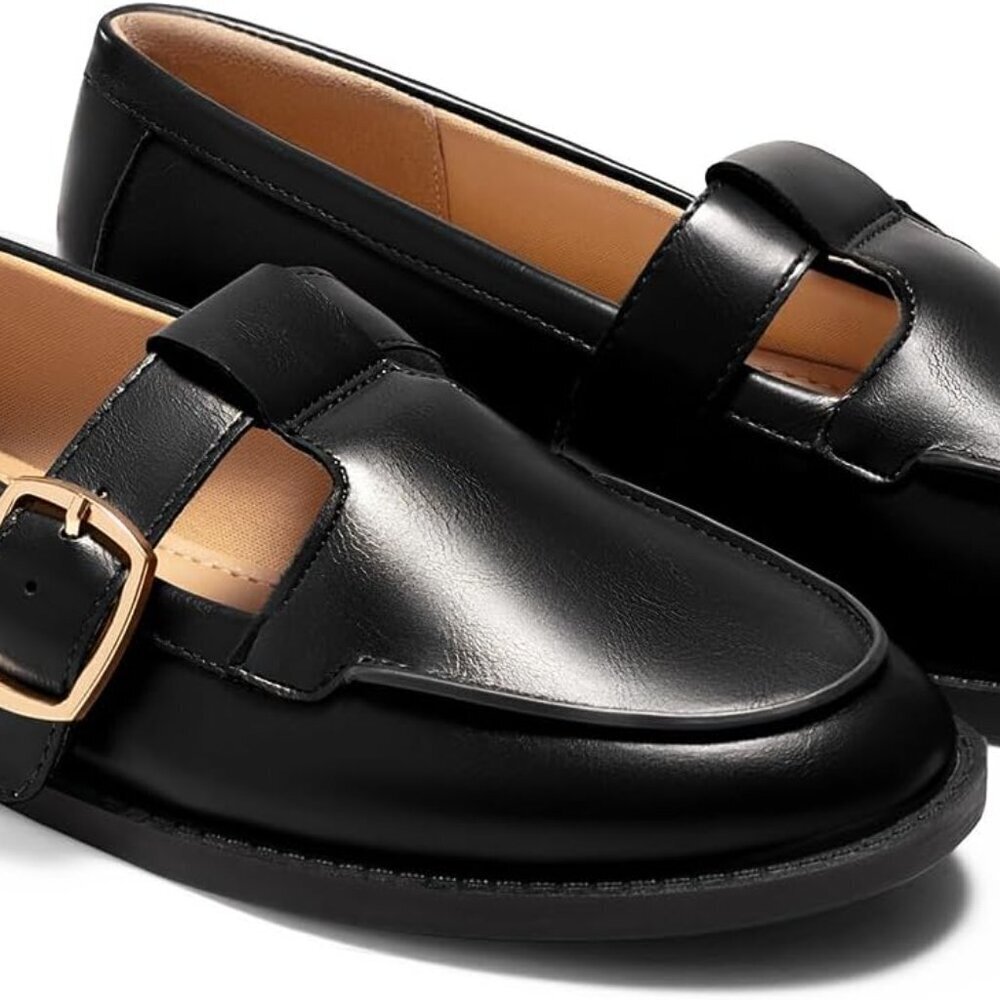 Womens Leather Flats 8 T-Strap Closed Toe Comfortable Dress Shoes